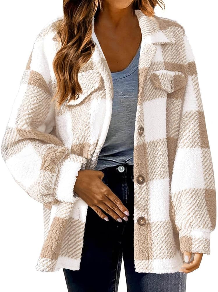 yardsong Shackets for Women 2024 Winter Warm Fuzzy Fleece Sherpa Plaid Shirt Jackets Plus Size Button Down Long Sleeve Coats