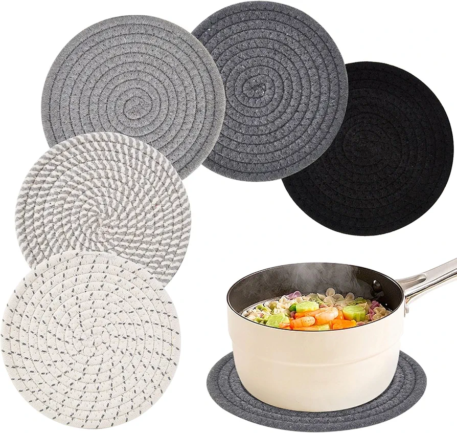 Trivets for Hot Dishes, 5 PCS Minimalist Cotton Pot Holders Kitchen Table, Counter Home Decor Essentials, Heat Resistant Hot Pads Plate Mats for Hot Pots and Pans, 7 Inch