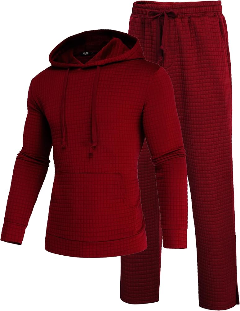 Mens Sweatsuits Sets 2 Piece Outfits Hooded Athletic Tracksuit Regular Fit Plaid Jacquard Jogging Suit Set