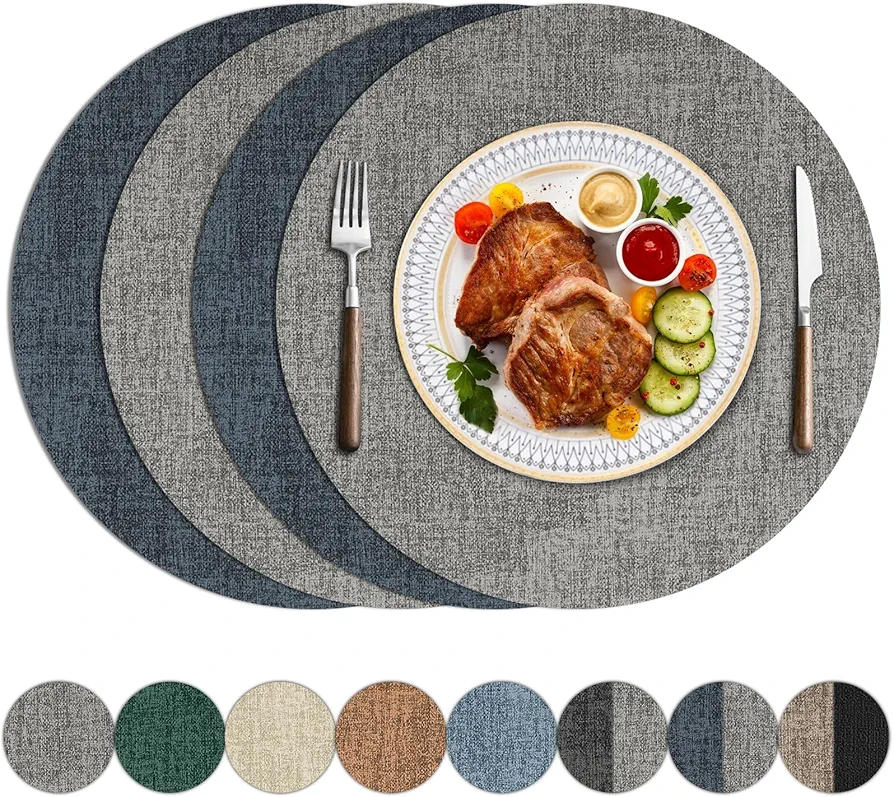 Round Placemats Set of 4, Faux Leather Heat Resistant Place Mats Reversible Waterproof Oil-Proof Non-Slip Wipeable Mat for Kitchen Dining Table Indoor Outdoor, Blue Grey