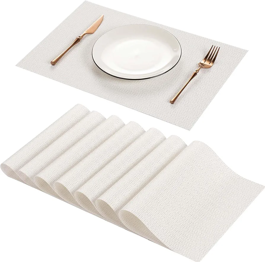 AHHFSMEI Placemats for Dining Table Set of 8 Woven Vinyl Plastic Place Mats Non-Slip Heat Insulation Stain Resistant Table Mats Washable Easy Clean Placemats (White,8)