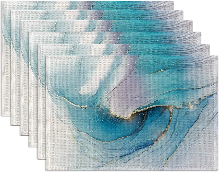 Teal Blue Placemats Set of 6,Washable Heat Resistant 12×18 Inch Linen Table Mats Marble Texture Place Mats for Party Outdoor Dining Décor