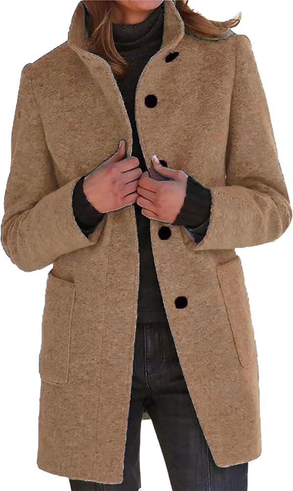Women's Long Pea Coats Winter Stand Collar Breasted Single Wool Coats Wool Blend Peacoat Thicken Blazer Jackets