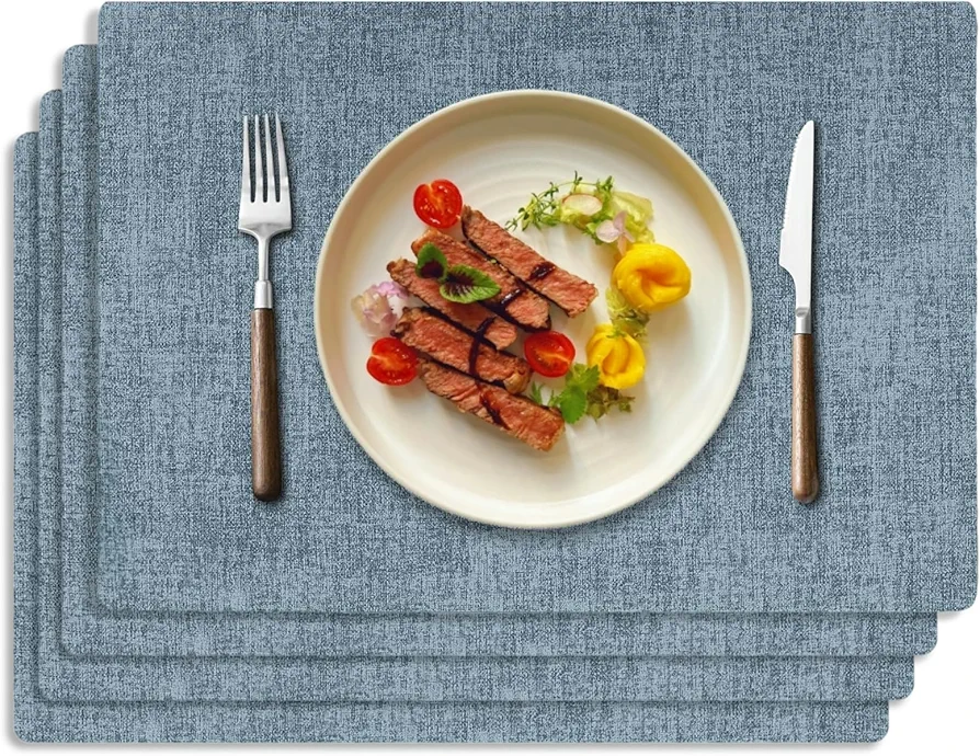 Placemats Set of 4, Faux Leather Heat Resistant Placemats, Waterproof Oilproof Wipeable Reversible Table Mats for Kitchen/Dining/Party/Outdoor, Placemats Set of 4 Easy to Clean, 12 X 17 Inch, Blue