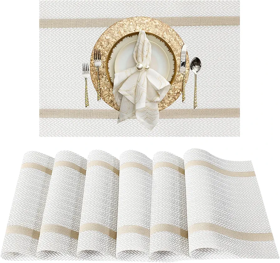 WIGNEE Washable Vinyl Placemats Set of 6 Wipeable Durable PVC Kitchen Placemats Non-Slip Stain Heat Resistant Dining Table Mats(White,Set of 6)