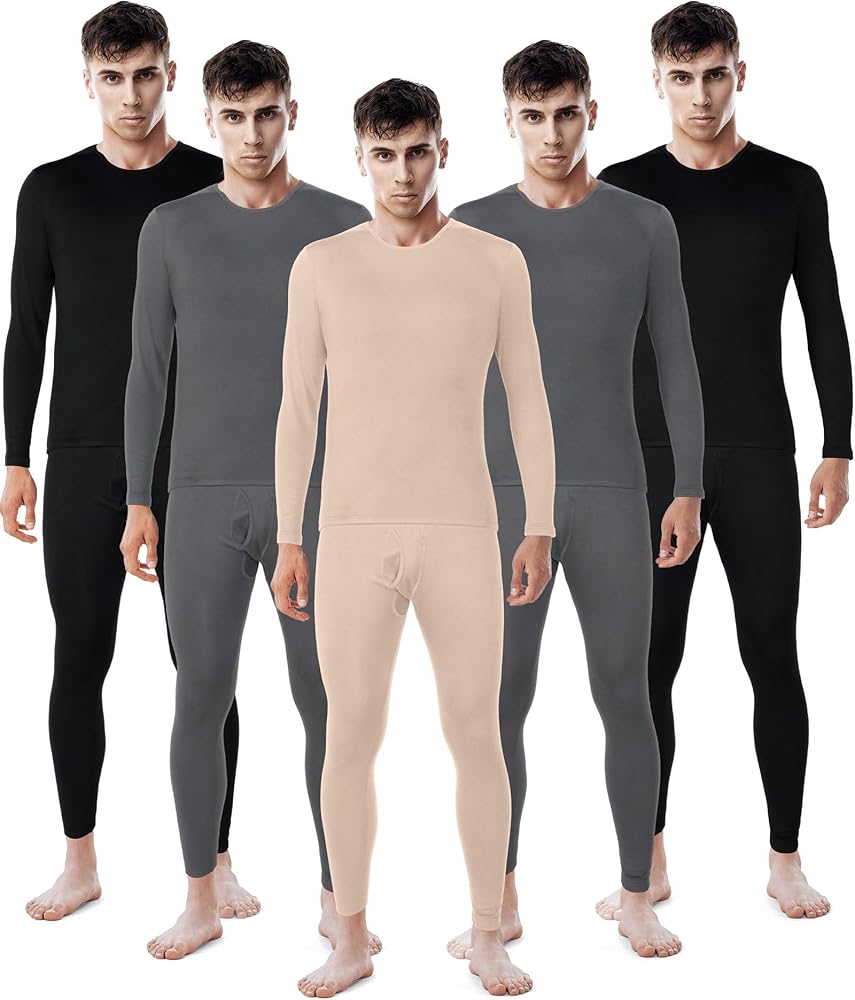 Patelai 5 Sets Men's Thermal Underwear Fleece Base Layer Set Winter Base Layer Cold Weather Top Bottom