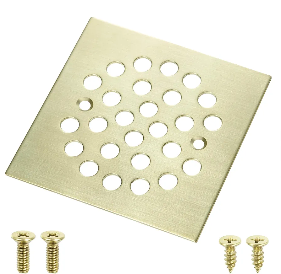 4-1/4“ Square Shower Strainer Drain Trim Set, Screw-in Shower Floor Drainer Grate, Replacement Shower Cover Bathroom Drain Strainers (Brushed Gold)