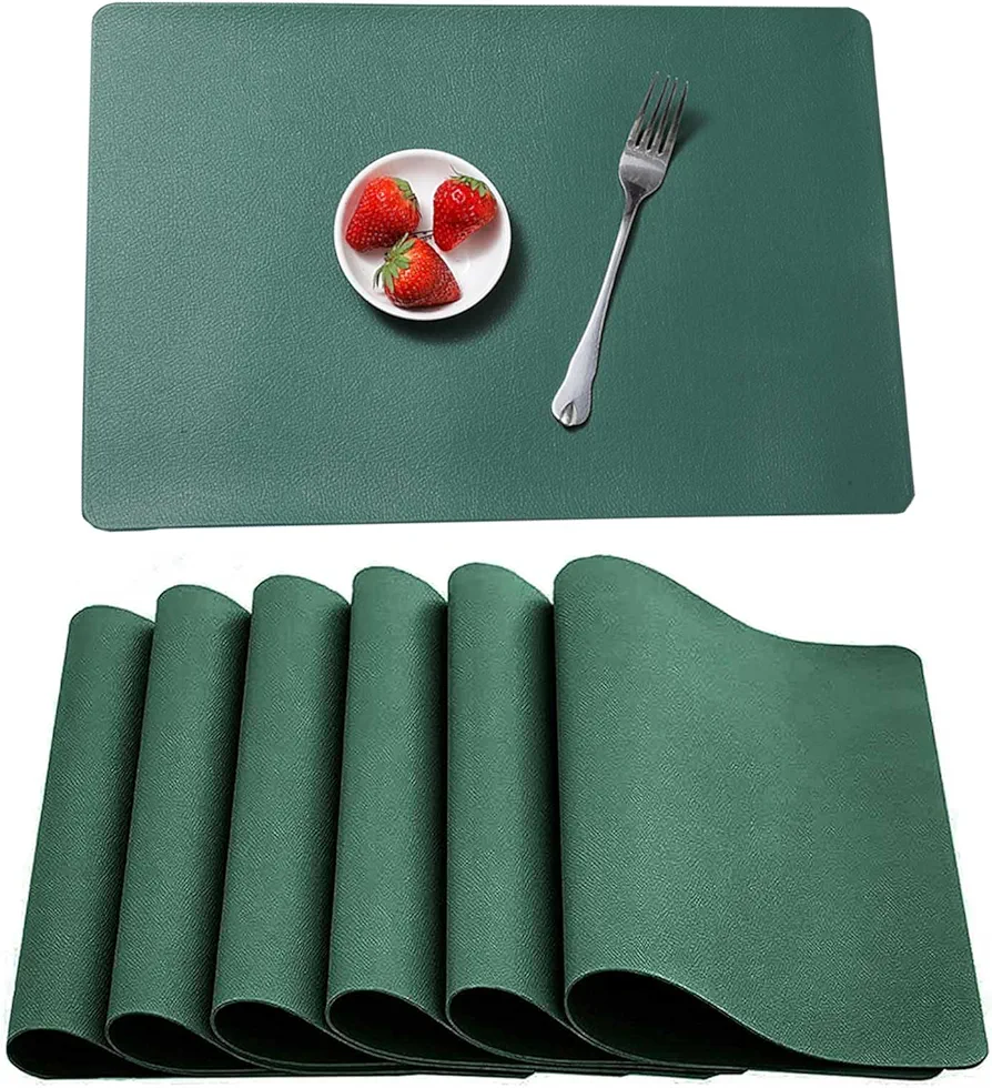Faux Leather Placemats Set of 6, Faux Leather Heat Resistant Placemats, Wipeable Place Mats Easy to Clean Washable for Kitchen Dining Table (Green)