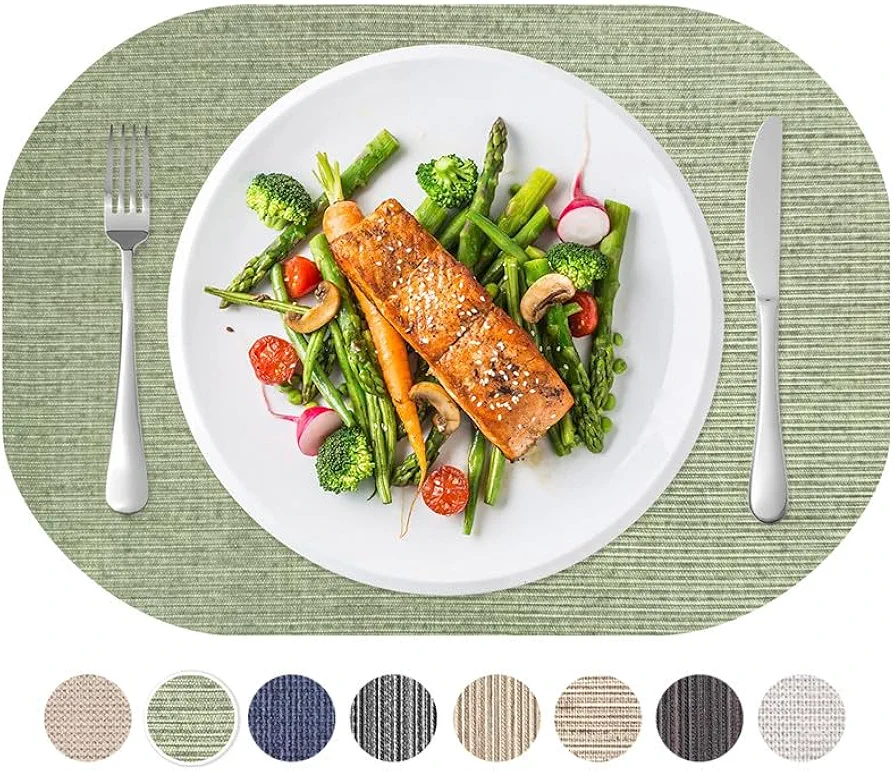 Andie Home Oval Placemats for Kitchen Table and Dining Room, 6-Piece Set, Heat-Resistant and Surface Washable Placemat, Sage Green, 17"x12"