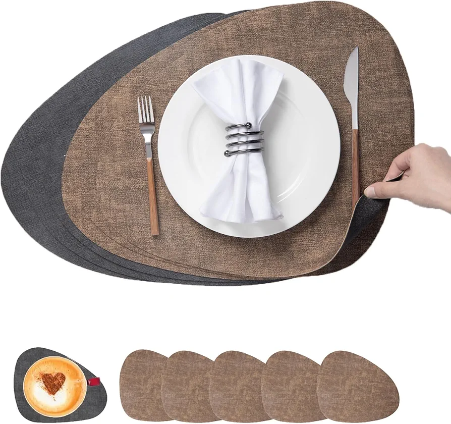 MiIDD Placemats Set of 6 with Coasters,Oval Placemats,Dual-Sided Faux Leather Place Mats Heat Resistant Placemats for Round Table Mats Washable for Kitchen Dining Party Outdoor(Brown&Darkgrey)