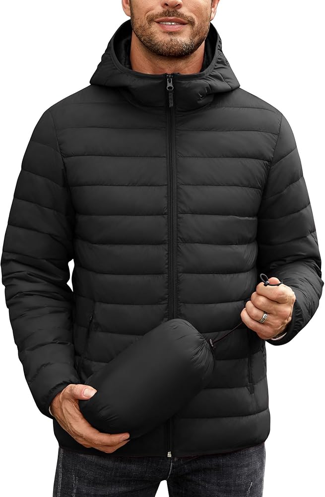 COOFANDY Mens Packable Puffer Jacket Lightweight Hooded Insulated Winter Coat Windproof Zipper Down Jacket