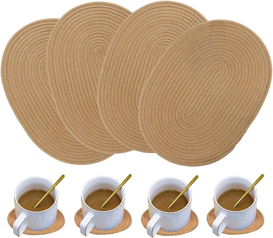 4 Pack Oval Woven Placemats and Set of 4 Round Fabric Coasters, Cotton Braided Tablemat Set, Heat-Resistant Pot Holders, 12 * 16'' Washable Plate Chargers for Christmas Table Decoration