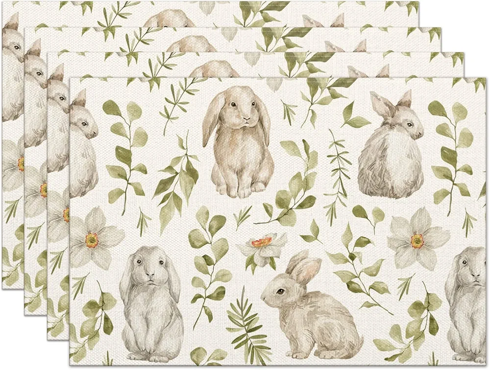 Easter Rabbits Placemats Set of 4,Bunny with Flowers Heat-Resistant Place Mats,Seasonal Table Decors for Farmhouse Kitchen Dining Holiday Party 12x18 Inch