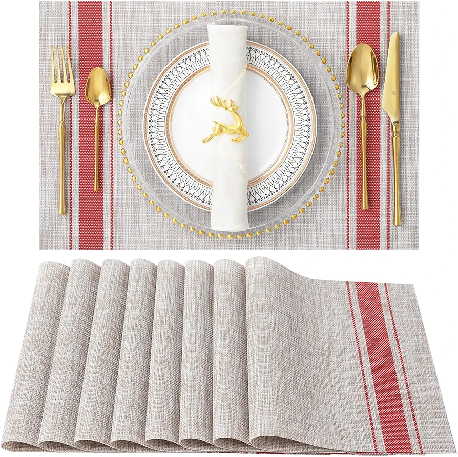 SENDAY Placemats, Set of 8 Heat-Resistant Placemats Stain Resistant Anti-Skid Placemats for Kitchen Table, Washable Durable PVC Table Mats Woven Vinyl Placemats