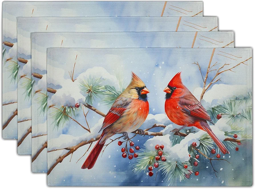 Winter Cardinal Birds Placemats Set of 4 Christmas Placemats 12”x18” Winter Farmhouse Place Mats Non-Slip Heat Resistant Xmas Linen Dining Table Mats for Home Party Kitchen Dining Tabletop Decoration