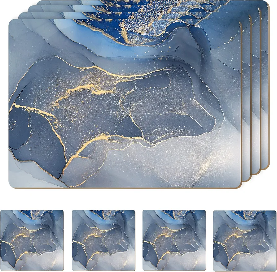 Set of 4 Heat Resistant Cork Placemats for Dining Table with Free Set of 4 Matching Drink Coasters Marble Design 16 x 12 Inches Cork Backed Hard Placemats (Blue & Gold)