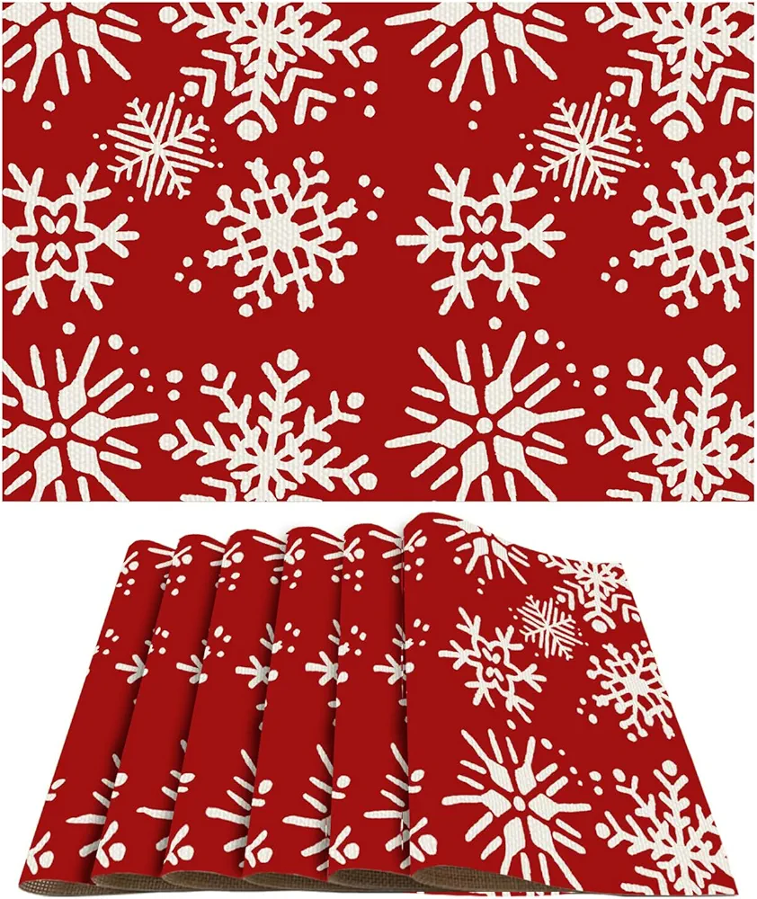 LIPOR Set of 6 Christmas Dining Table Placemats Red Snowflake Waterproof Heat Resistant Table Mats for Seasonal Winter Christmas Holiday Party Table Decor 12"x18" (6PCS, Red)