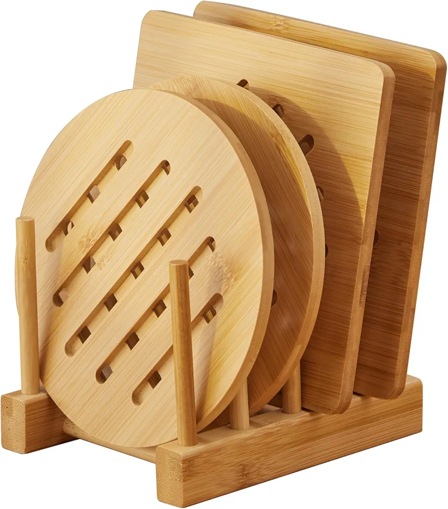 GHWIE Bamboo Trivet with Stand -Heat Resistant Pot Holders for Kitchen,Multi-Purpose Hot Pads,Hot Plate Mats,Medium Stove Mat-Air Fryer Accessories and Trivets for Hot Dishes,4 PCS