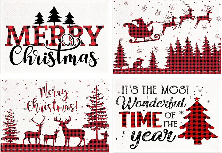 Red Christmas Placemats Set of 4 Christmas Tree Deer Place Mats Indoor Buffalo Plaid Washable Linen Waterproof Heat Resistant Placemats for Dining Tables, 18 X 12 Inch
