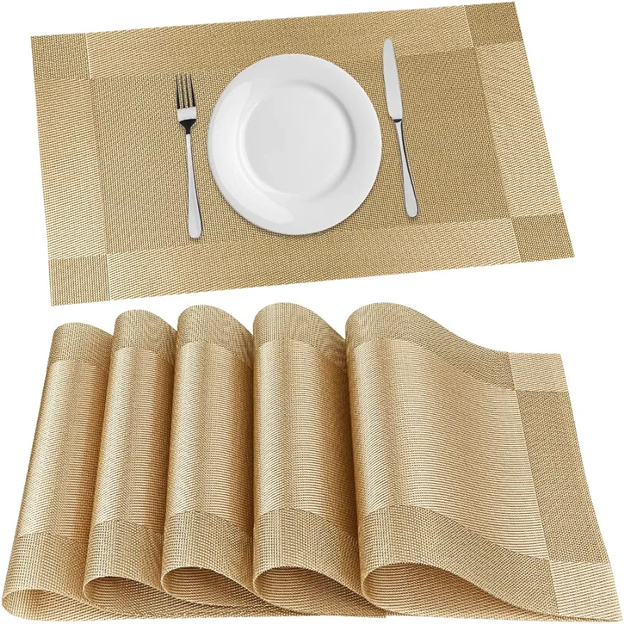FGSAEOR Placemats Set of 6, Place Mats for Kitchen Dining Table, Heat-Resistant Anti-Skid Stain Washable PVC Table Mats, Easy to Cleaning Woven Vinyl Dinner Mats, Gold