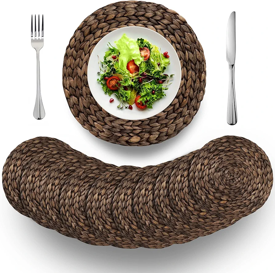 (4 Sizes: 12"-13"-14"-15") BARIEN Rustic Woven Placemats Round Set of 10, Natural Water Hyacinth Weave Placemat for Dining Table, Large Handmade Woven Placemats Heat Resistant Non-Slip (14" - Set 10)