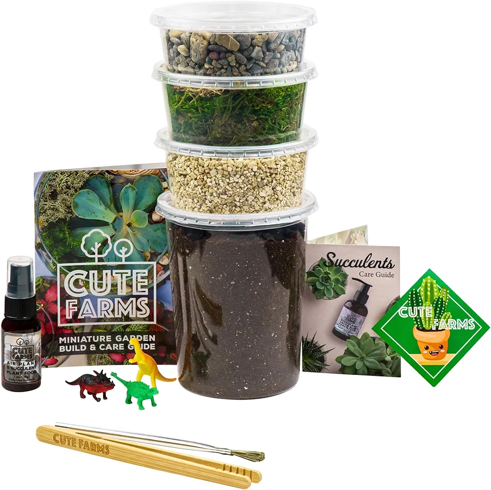Cute Farms Terrarium Starter Kit | Moss, Vermiculite, Soil, Pebbles, Plant Food, Finishing Tools, Build and Care Guide | DIY Succulent Terrarium Kit for Adults and Kids (Large Kit)