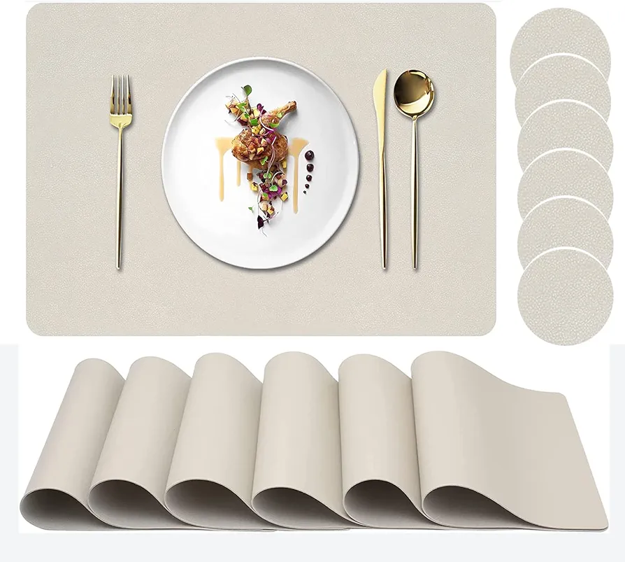 Placemats Set of 6, Faux Leather Place Mats with Coasters, Waterproof, Stain Resistant, Heat Resistant, Easy to Clean PU Table Mats for Dining Table and Decor (Set of 6, Rectangle Cream White)