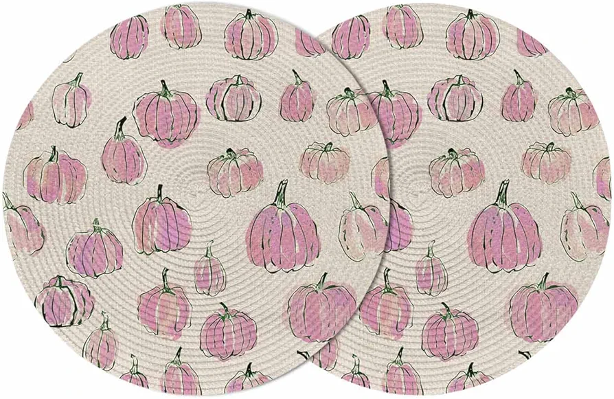 2 PCS 15"" Non-Slip Woven Placemats, Fall Pumpkin Hand Painted Pink Ombre Washable Place Mats Heat Resistant Table Mats for Kitchen Dining Table Decoration, Lightpink