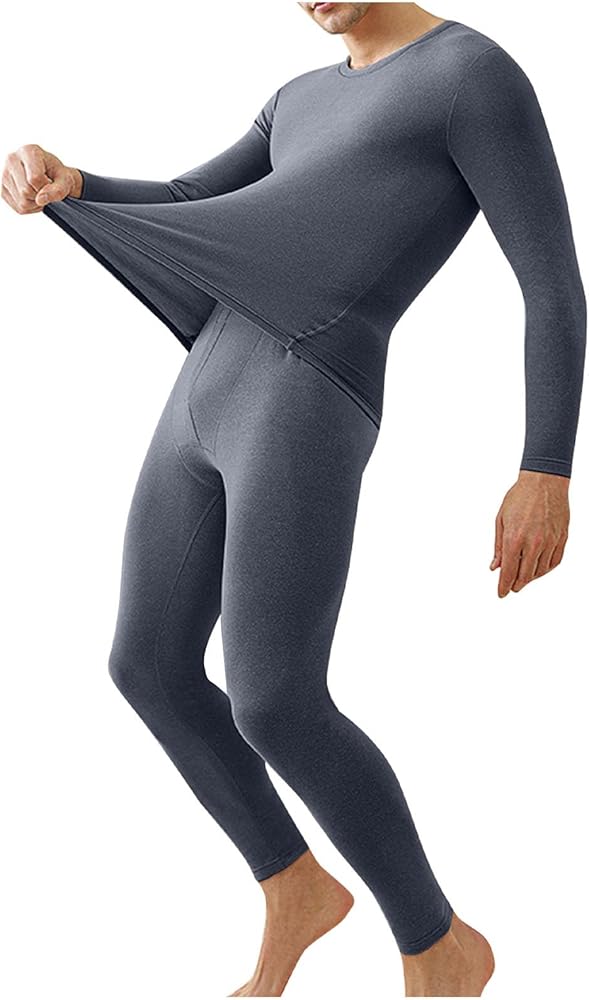 Men Long Sleeve Pajama 2 Piece Set Thermal Underwear Set Crewneck Top and Pants Base Layer Cold Weather Thermal Set