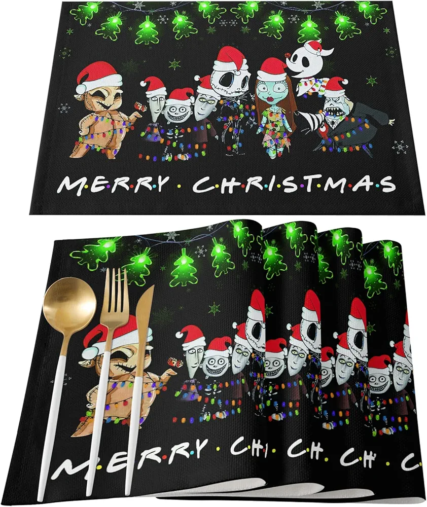 Christmas Placemats Set of 4, Nightmare Before Xmas Place mats 12x18in, Funny Jack and Sally Placemats for Dining Table, Washable Heat Resistant Table Mats, Christmas Supplies and Decorations