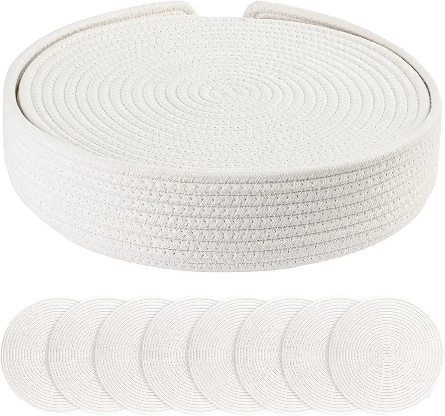 Round Woven Placemats Set of 8 with Holder Heat Resistant Placemats 13.5 Inches Farmhouse Cotton Rope Place Mats for Dining Tables Trivets for Hot Dishes, Beige