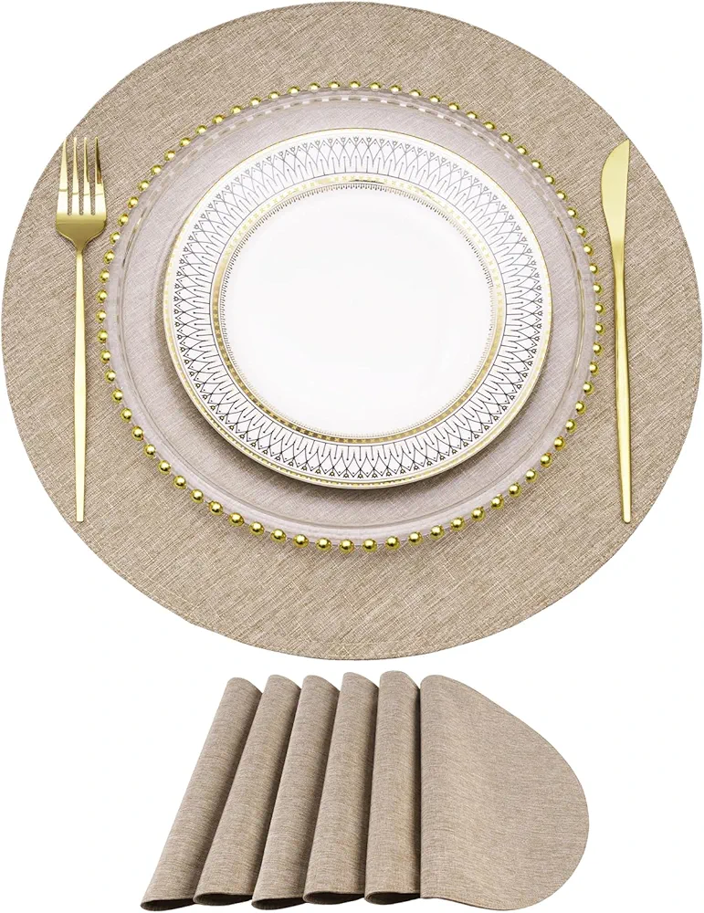 Eforcurtain Thick Linen Style Cloth Placemats Set of 6 Farmhouse Fabric Machine Washable Table Mats, Heat Resistant Placemats Easy to Clean Place Mats for Dining Table, Round 15 Inch Place Mats