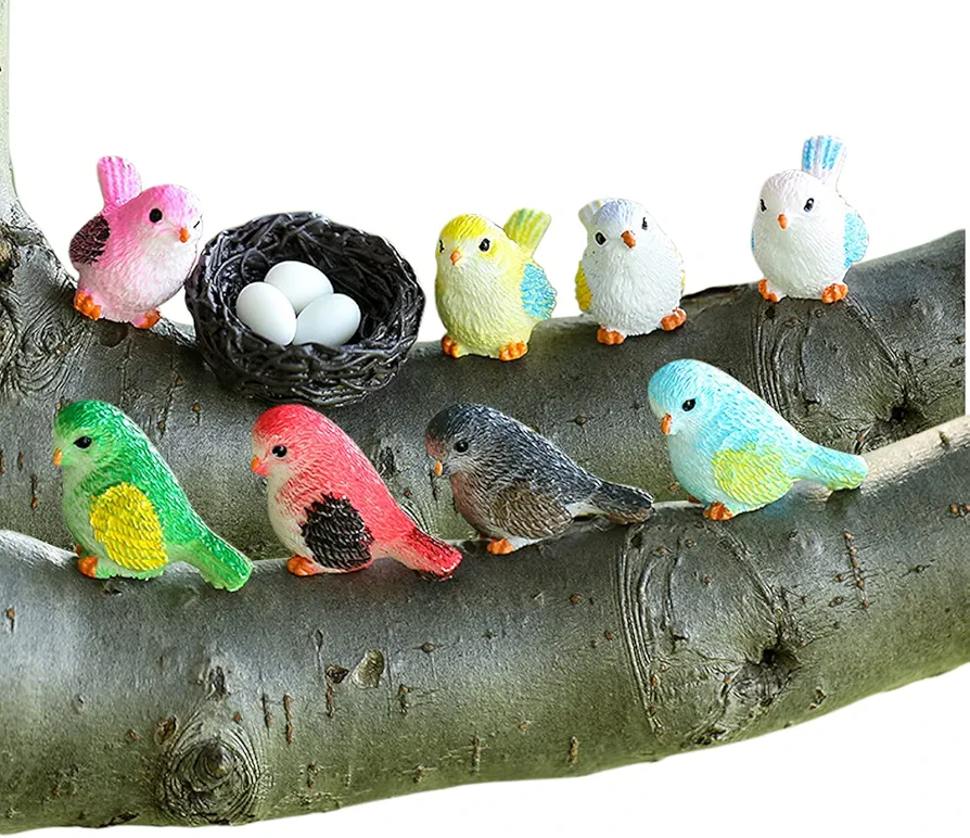 DIYOMR 12Pcs Colorful Birds Figurine, Small Resin Birds with Nests Eggs Set for Home Fairy Outdoor Garden Ornaments Dollhouse Moss Landscape Plant Pots Tree Bonsai Craft Decor