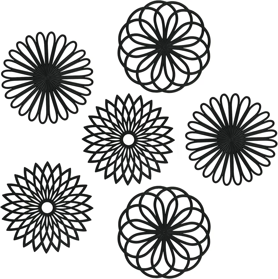 Silicone Trivets Set of 6 Multi-Use Intricately Carved Hot Mats and Pads, Flexible Modern Kitchen Table Mat, Heat Resistant Round Coaster Mat Black, Black, C: Set of 6-Black