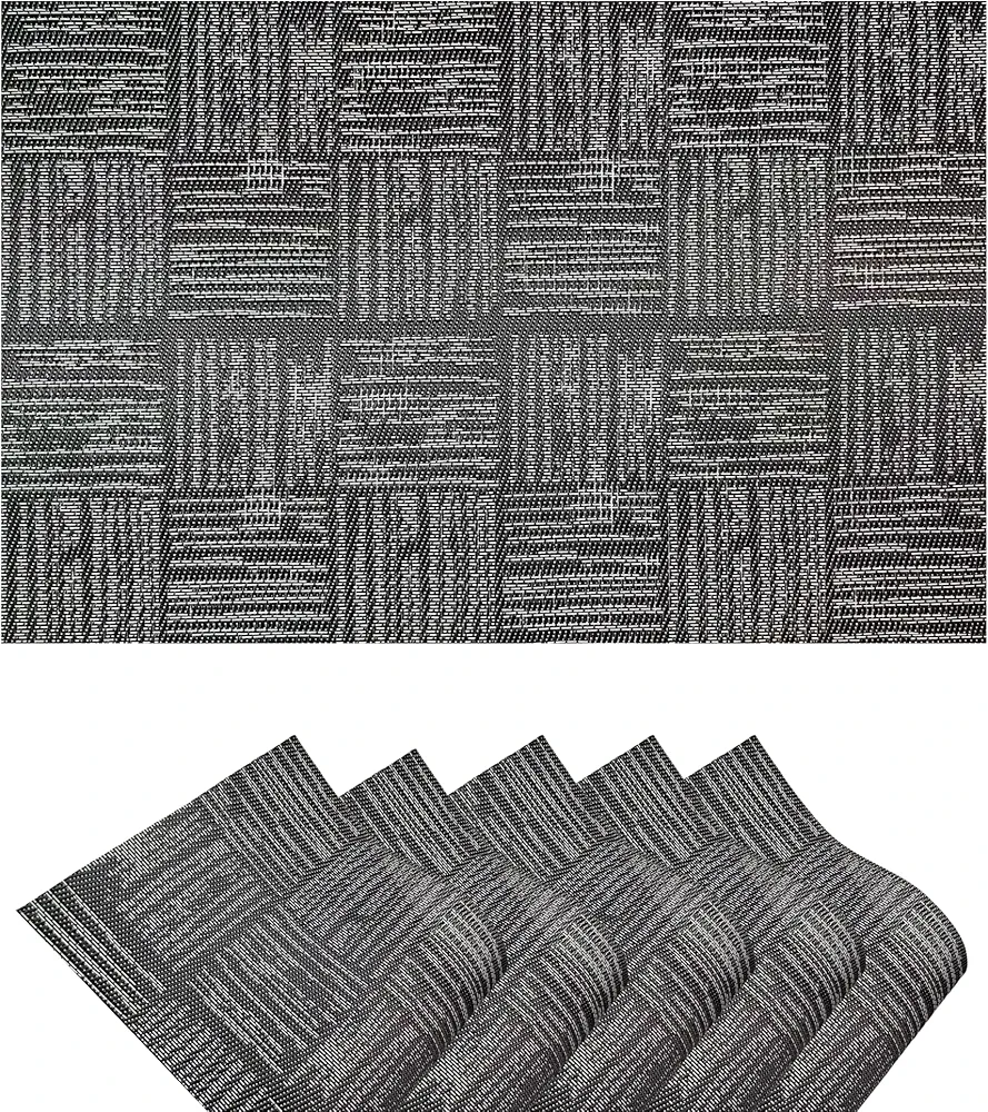 Placemats Set of 6,Heat Resistant Non-Slip Place mats for Dining Table,Washable Durable Vinyl/PVC Woven Table Mats (Black-Stripe)