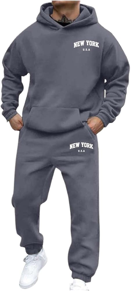 Men's Athletic Tracksuit 2 Piece Letter Print Long Sleeve Hoodie Sweatsuit Pullover Casual Jogging Sweatpants Sets