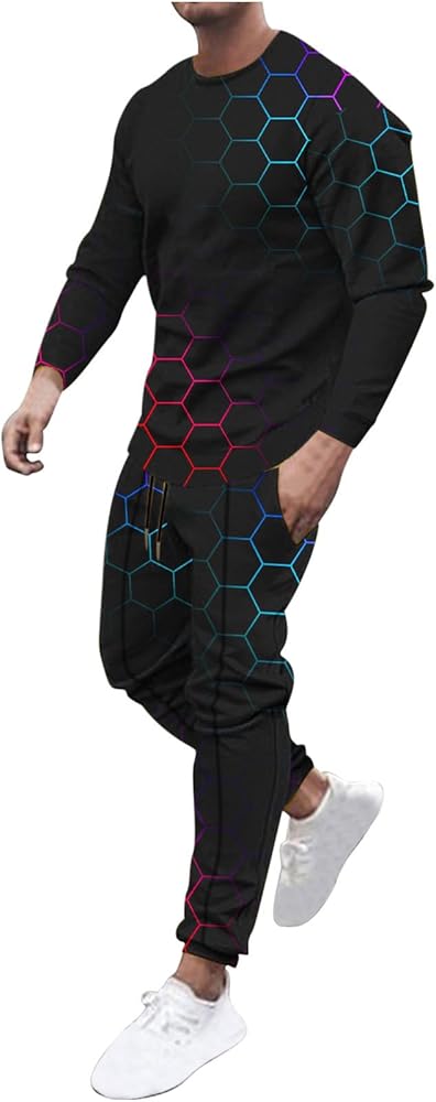 Muscularfit Men's Casual Athletic Tracksuit Long Sleeve Sweatsuit Set 3D Print Casual Shirt and Sweatpant Set 2 Piece Outfits