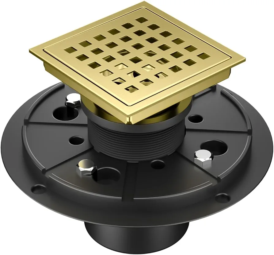 EXF Square Shower Drain 4 3/8 Inch Brushed Gold, Stainless Steel Shower Floor Drain Kit with Flange, Removable Cover Grid Grate, Hair Strainer