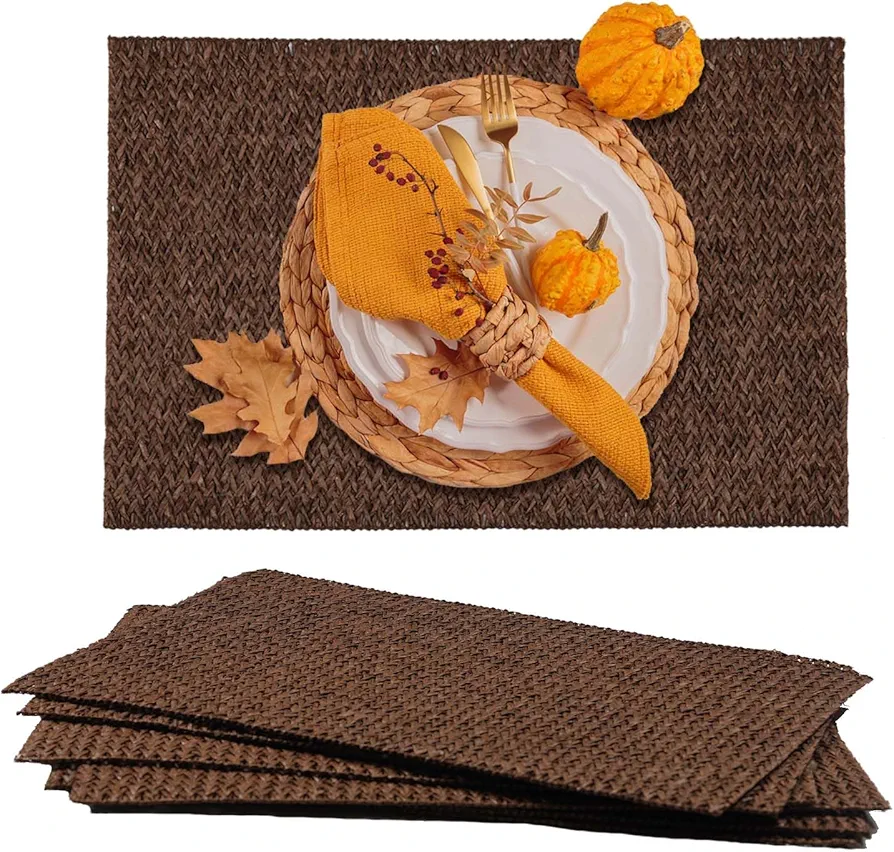 AHHFSMEI Paper Braided Placemats Set of 6 Non-Slip Natural Heat Resistant Table Mats for Dining Tables Natural Woven Rectangular Indoor & Outdoor Place mats for Thanksgiving Christmas Easter(Brown)