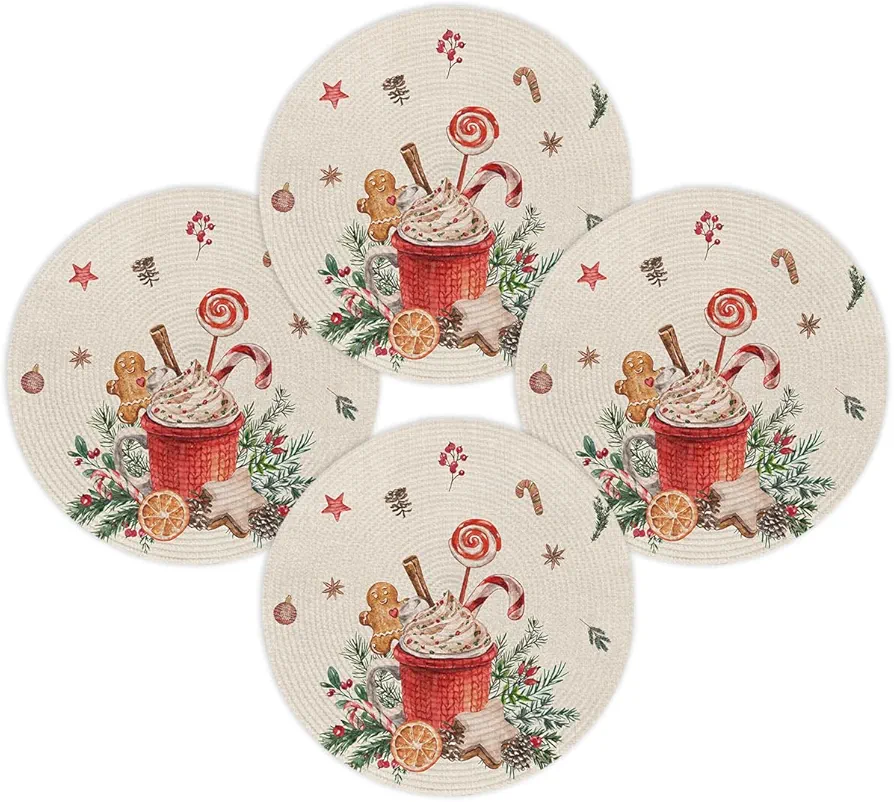Christmas Round Placemats Set of 4 Gingerbread Candy Cane Place Mats Washable Woven Placemat Xmas Ball Circle Braided Heat Resistant Table Mat for Kitchen Dining Table Holiday Party Xmas Decor 15 Inch