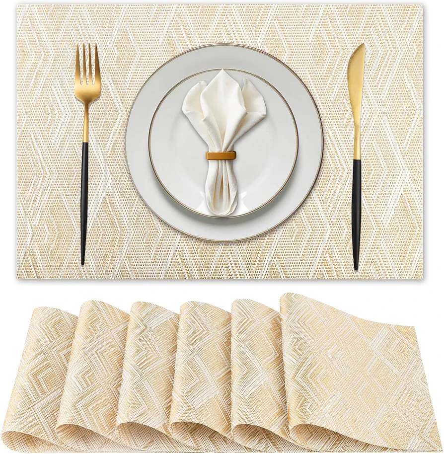 Vinyl Plastic Placemats Set of 6 Washable Heat Resistant Non-Slip Elegant Indoor&Outdoor Kitchen Dining PVC Woven Table Place Mats (Yellow Rhombus)