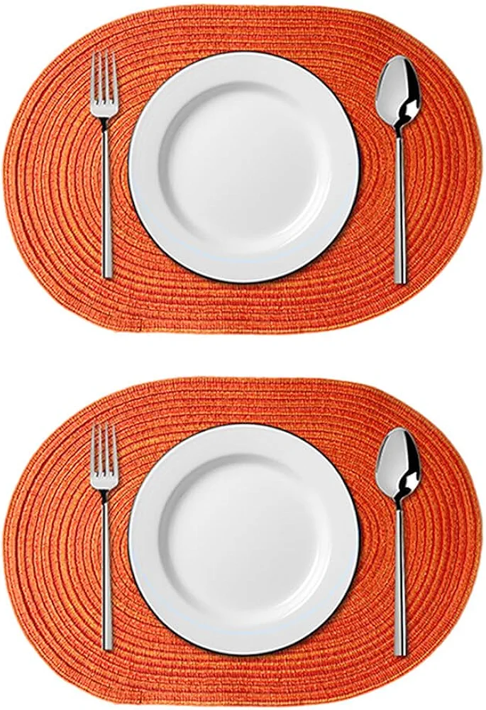 Oval Braided Placemats 14x20 Inch Table Mats Set of 2 for Dining Tables Natural Woven Heat Resistant Place Mats, Orange
