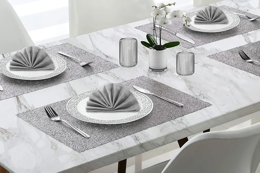 Dainty Home Silver Lacey Rectangle Vinyl Placemats - Heat Resistant Placemats, Non-Slip, Easy Clean Placemats for Elegant Dining - 12"x18" Set of 4 - Perfect for Stylish, Modern Homes