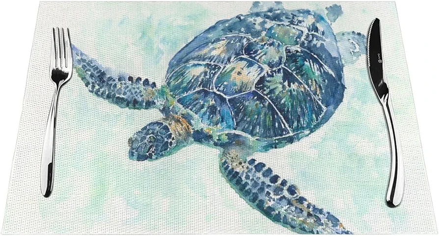 Turtle Table Placemats for Dining Table Ocean Style Set of 4 Washable 12x18 Inch PVC Placemats Kitchen Decor Non Slip Heat-Resistant Washable Table Mats Durable Placemats