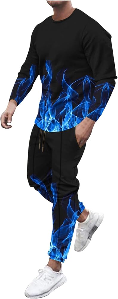 Muscularfit Men's Casual Tracksuit Long Sleeve Running Jogging Sweatsuit Causal Long Sleeve 3D Flame Print Sweatsuit 2 Piece