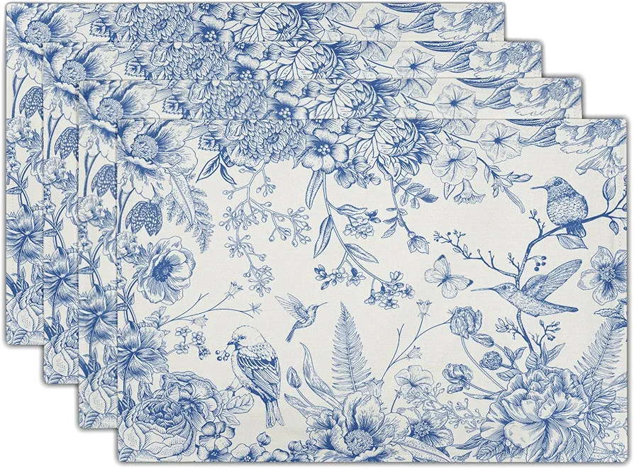 Chinoiserie Placemats Set of 4,18X12 Inch Blue Birds Floral Porcelain Washable Heat Resistant Place Mats for Spring Summer Seasonal Kitchen Party Dining Table Decoration