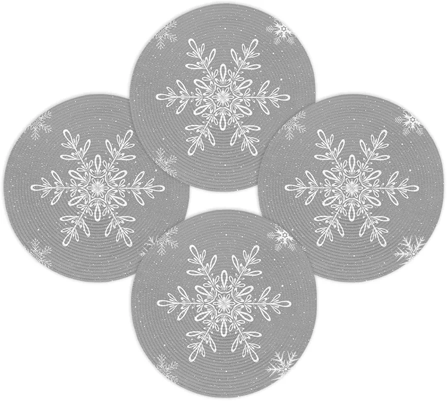 Christmas Round Placemats Set of 4 Snowflake Place Mats Washable Woven Placemat Gray Circle Braided Heat Resistant Table Mat for Kitchen Dining Table Holiday Party Xmas Decorations 15 Inch