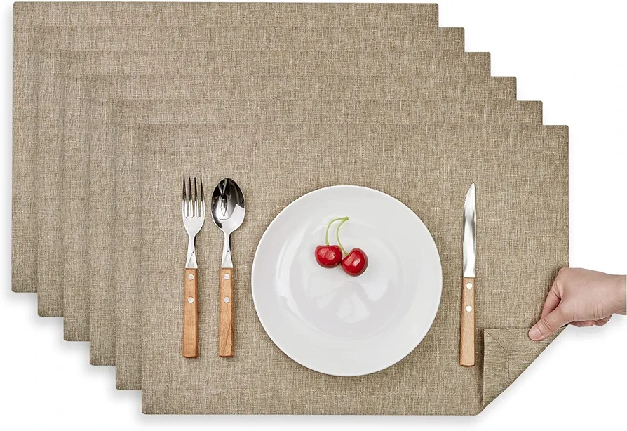 Mebakuk Cloth Placemats, Machine Washable Linen Style Thick Place Mats, Heat Resistant and Easy to Clean Fabric Table Mats for Kitchen Dining Table (Mocha, Set of 6)