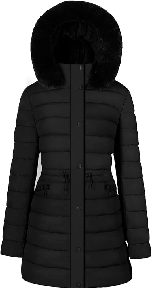 BodiLove Women's Winter Quilted Puffer Long Coat Jacket Plus Size with Removable Faux Fur Hood and Zipper