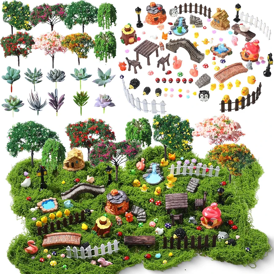 116 Pcs Miniature Garden Accessories Set Fairy House Accessories Mini Mixed Diorama Figurines Miniature Landscape Trees Simulated Succulents Kit for DIY Garden Decoration Doll House Crafts